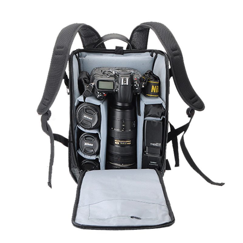 Custom camera backpack with protective dividers and complete product view